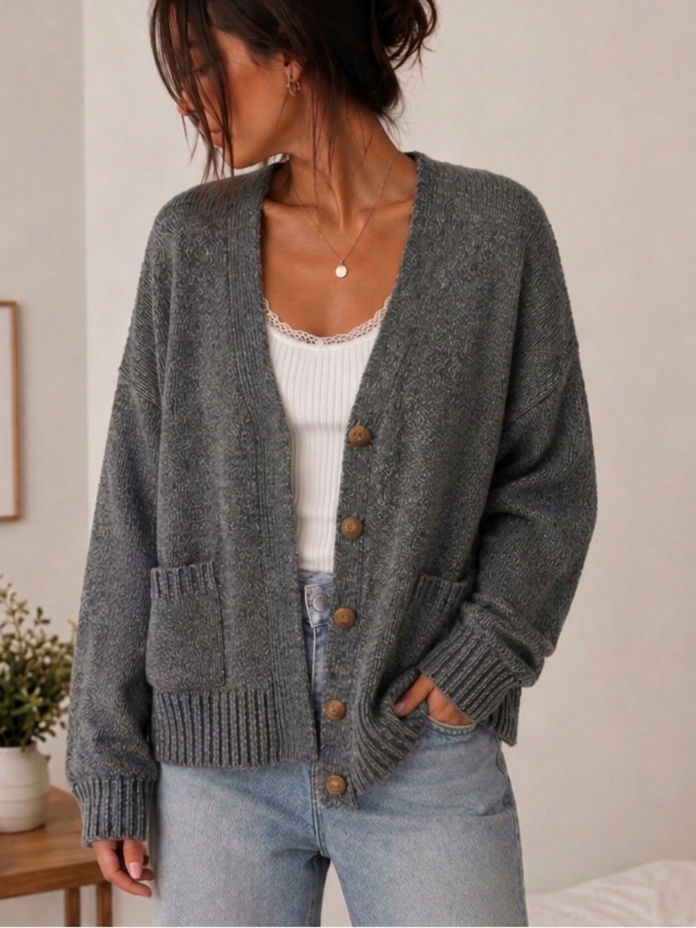 Oversized Cardigan Gray Grandpa Slouchy Cozy Knit Sweater M